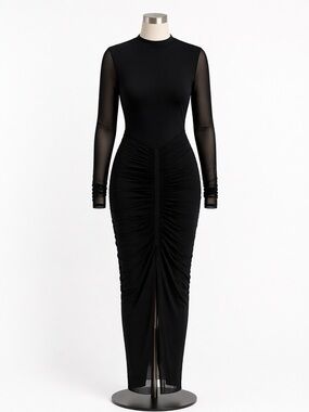 Zara Black Sheer-Sleeve Ruched Midi Dress
